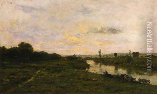 Cows on the Banks of the Seine, at Conflans Oil Painting - Charles-Francois Daubigny
