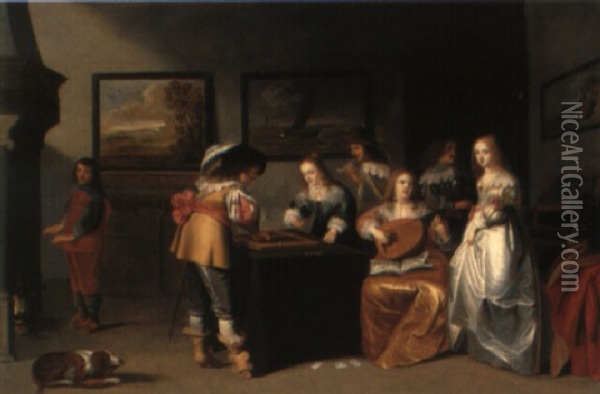 A Couple Playing Backgammon And A Lady Playing A Lute In An Interior Oil Painting - Christoffel Jacobsz. Van Der Lamen