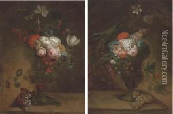 Flowers In An Urn With A Parrot Oil Painting - Jan Frans Van Dael