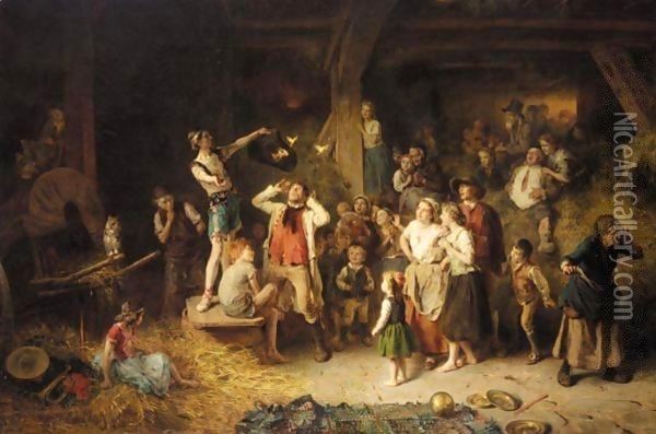 Der Taschenspieler In Der Scheune (The Conjuror In The Barn) Oil Painting - Ludwig Knaus