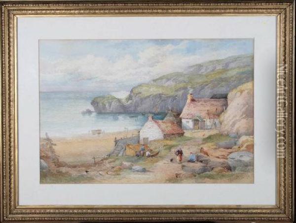 A Fishing Village In A Rocky Cove With Figures In The Foreground Repairing Nets Oil Painting - John Rock Jones