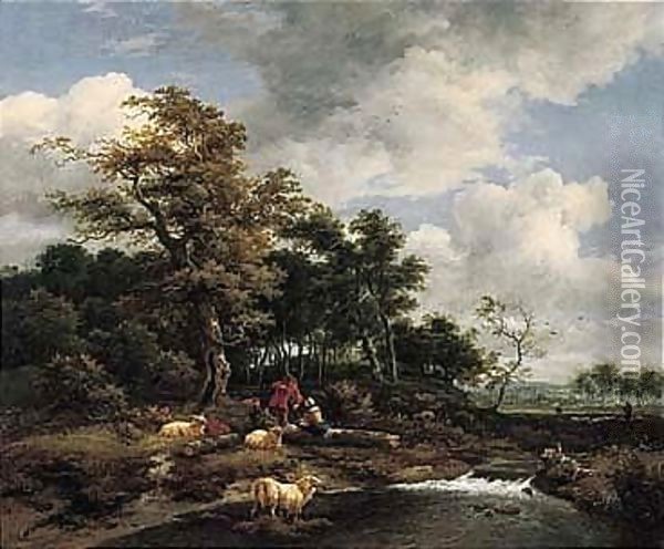 A Wooded Landscape With A Shepherd And Shepherdess Resting With Their Flock By A River Oil Painting - Jacob Van Ruisdael