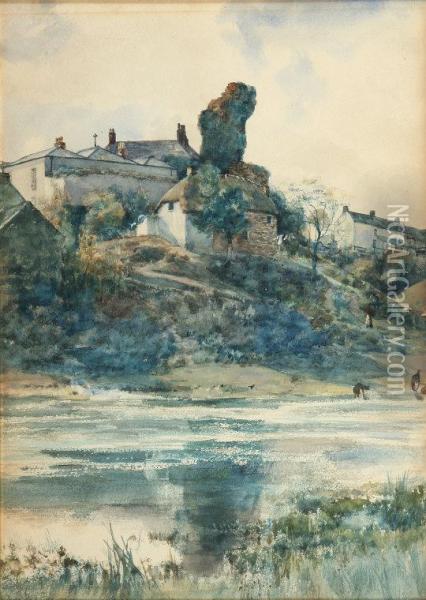 Figures By The River With Cottages And Church Oil Painting - Charles James Fox