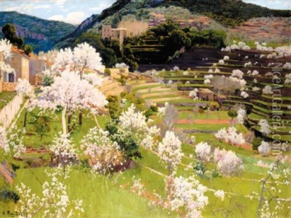 Almendros En Flor (almond Trees In Blossom) Oil Painting - Santiago Rusinol