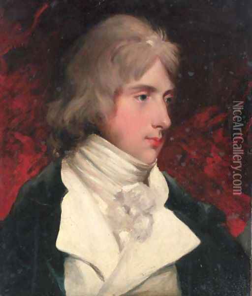 Portrait of Hugo Meynell, bust-length, in a black coat and white waistcoat Oil Painting - John Hoppner