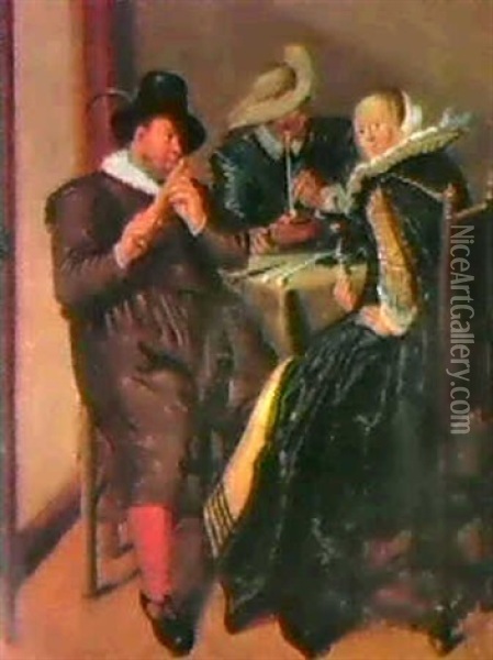 Elegant Companies Smoking, Drinking And Music Making In     Interiors. Oil Painting - Dirck Hals