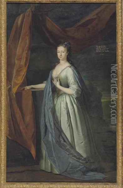 Portrait Of Frederica Susanna Mildmay, Countess Fitz Walter, 3rd Countess Of Mertola, In An Oyster Satin Dress And Blue Cloak, By A Draped Curtain, With A Landscape Beyond Oil Painting - Michael Dahl