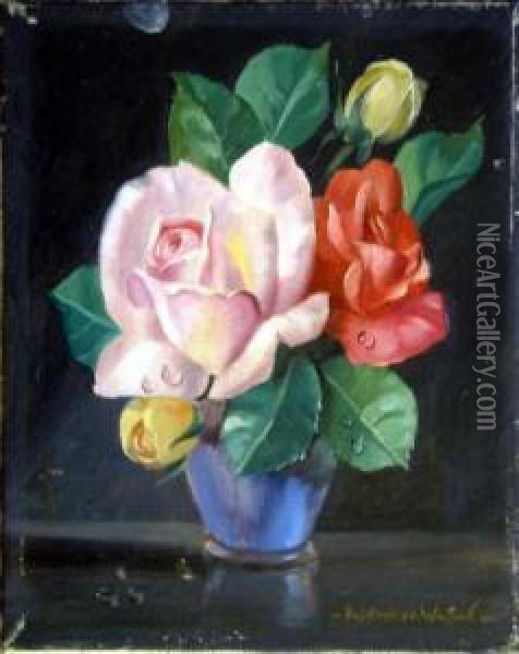 Unframed Oil On Canvas Roses In A Blue Vase Signed 10 X 8in Oil Painting - Alexander Wilson