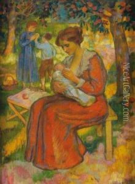 Femme De L'artiste Et Ses Enfants Dans Le Verger Oil Painting - Jean Peske Miscelas
