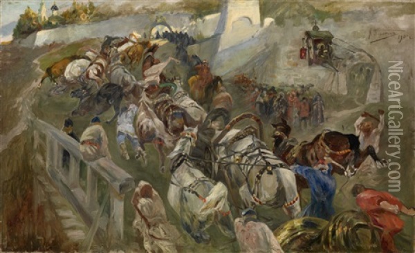 Horses Pulling A Bell To A Monastery Oil Painting - Nikolai Vasilevich Pirogov