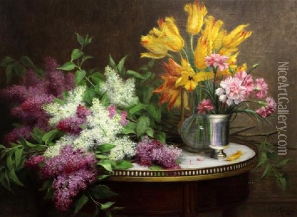 Still Life Of Flowers On A Table Top Oil Painting - Alfred Magne