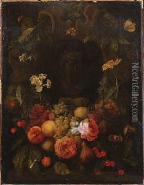 A Swag Of Of Grapes, Peaches, 
Cherries, Strawberries, Roses, Narcissi, A Hyacinth And Other Flowers 
Decorating A Carved Niche With A Bust, With A Cockchafer, Moth And 
Butterfly Oil Painting - Joris Van Son