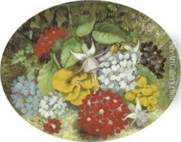 Primula And A Pansy, On A Mossy Bank; And Primrose, Hawthorn Berries And A Mushroom, On A Mossy Bank Oil Painting - Joseph Such