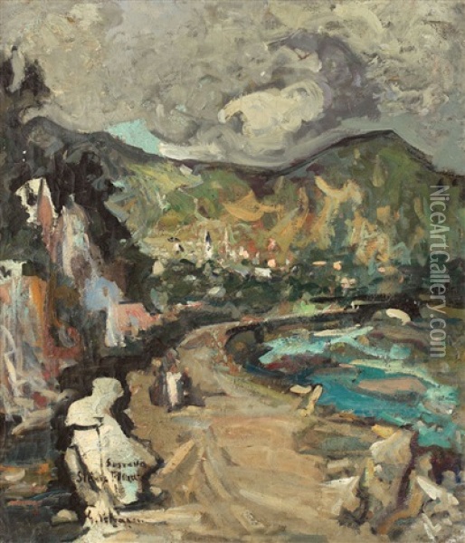 Landscape At Targu Ocna Oil Painting - Gheorghe Petrascu