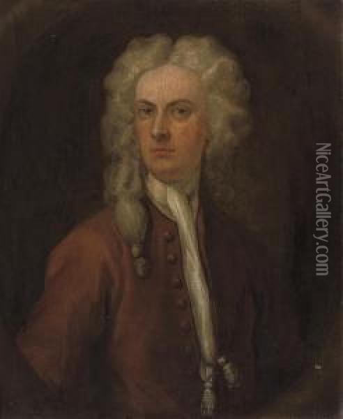 Portrait Of A Gentleman, Half-length, In A Feigned Oval Oil Painting - John Vanderbank