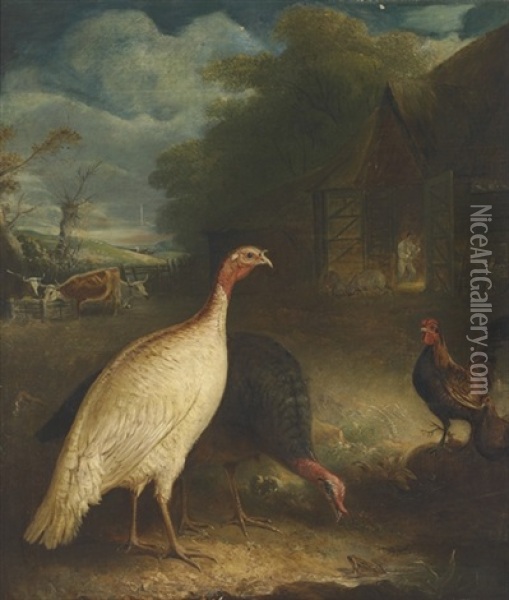 Poultry And Cattle In A Farmyard Oil Painting - John E. Ferneley