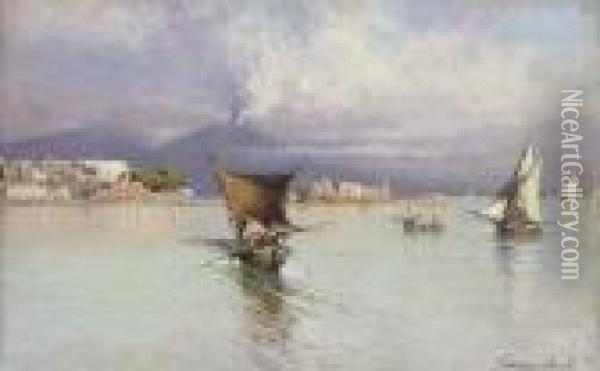 Fishing Vessels In The Bay Of Naples Oil Painting - Giuseppe Carelli