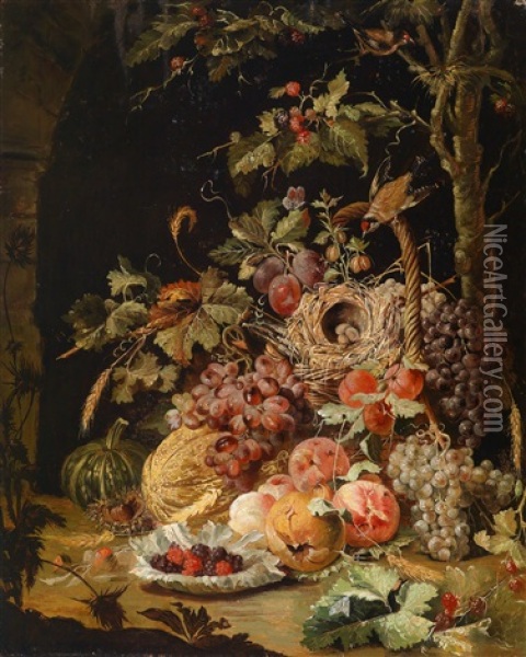 Ein Herbststillleben Mit Einem Kurbis, Fruchten Und Einem Vogelnest Oil Painting - Johann Baptist Halszel