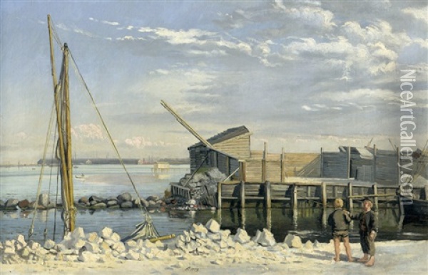 Steintransport Und Zwei Jungen Im Kopenhagener Hafen Oil Painting - Emil Carl Lund