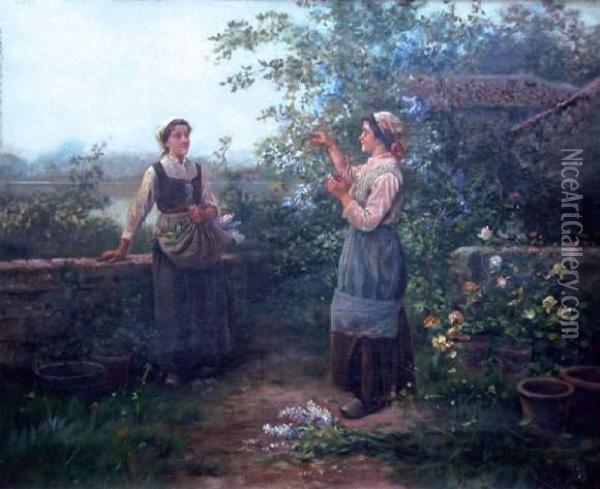 La Cueillette Des Lilas. Oil Painting - Jose Maria Jardines
