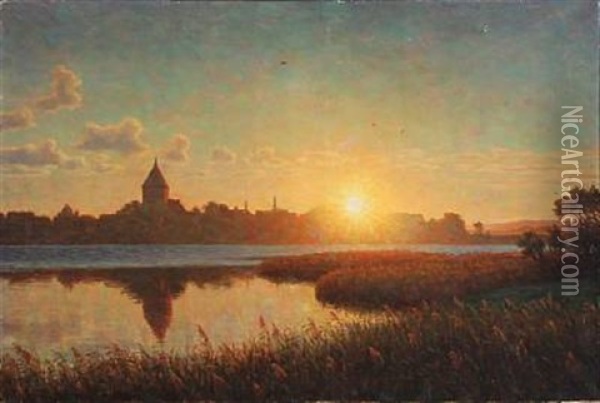 Sunrise At Ribe Oil Painting - Henrik Gamst Jespersen