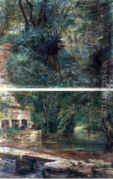 River Landscape; River Landscape With Washerwoman (pair) Oil Painting - Jose Belon