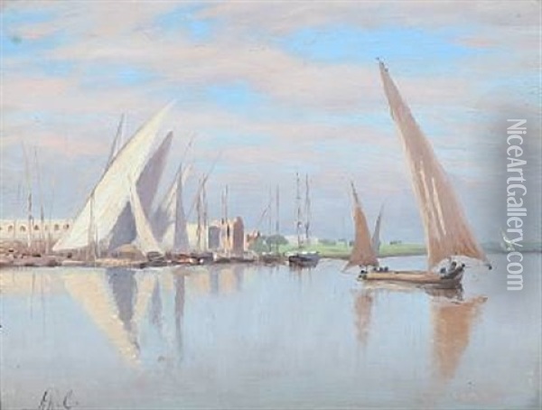 Fishing Boats On The Nile Oil Painting - Andreas Christian Riis Carstensen