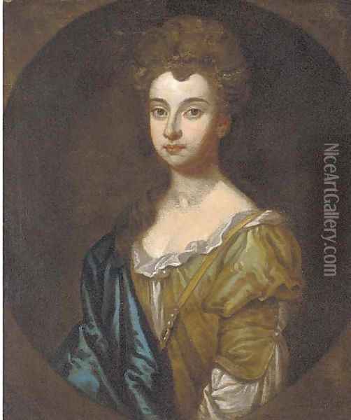 Portrait of a lady, bust-length, in a green dress and blue wrap Oil Painting - Sir Godfrey Kneller