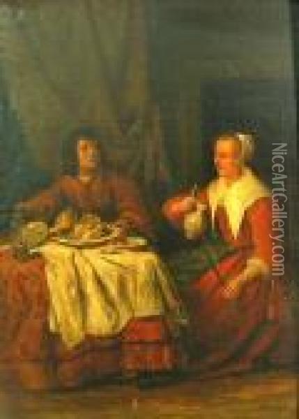A Man And Woman Eating Supper Oil Painting - Gabriel Metsu