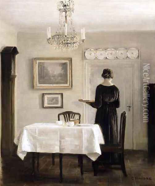 Interior with Lady Carrying Tray Oil Painting - Carl Vilhelm Holsoe