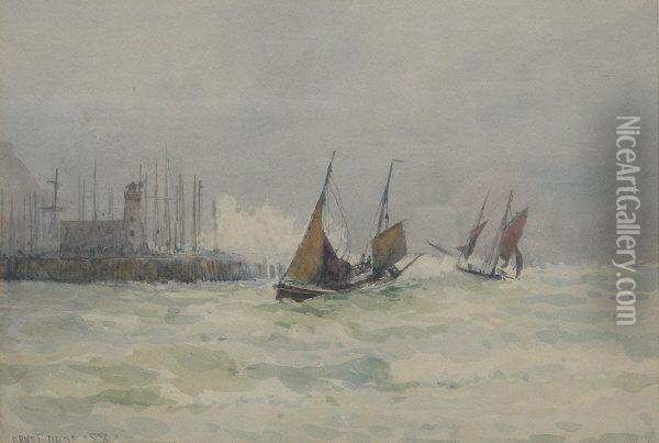 Fishing Boats Returning To Scarborough Harbour In Stormy Seas Oil Painting - Ernst Dade