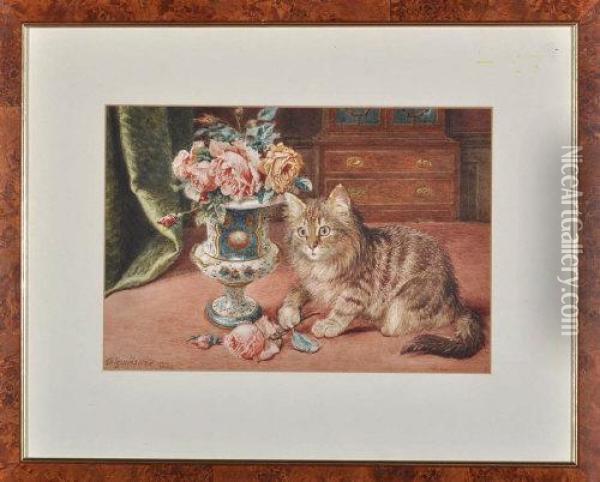 Kitten And A Vase Of Roses Oil Painting - Wilson Hepple