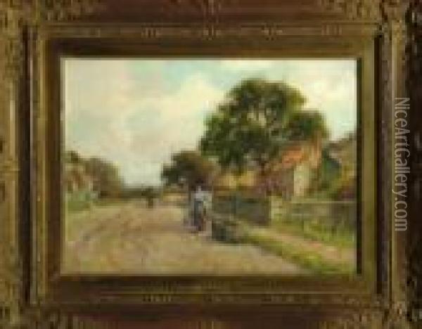 A Northumbrian Village Street Scene With A Woman Collecting Water From A Spring Oil Painting - Harry James Sticks
