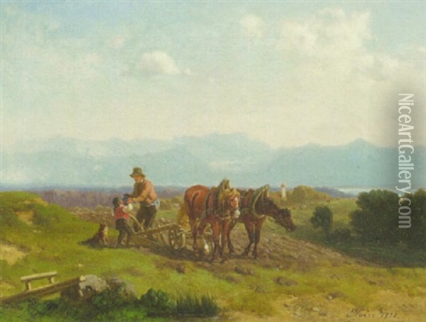 Ein Bauer Und Sein Sohn Beim Pflugen Oil Painting - Julius Noerr