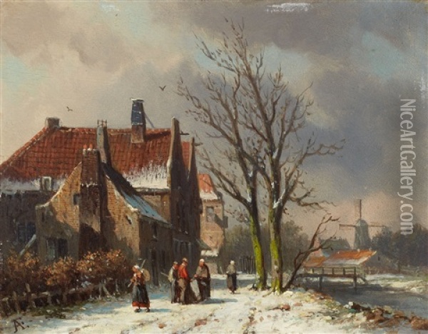 Dutch City By A Canal In Winter Oil Painting - Adrianus Eversen