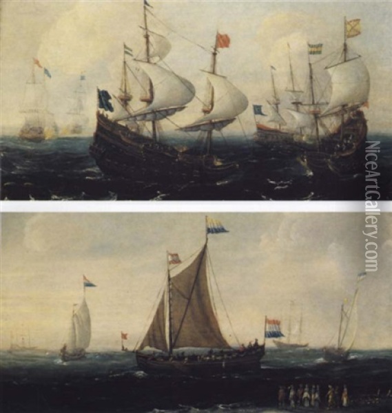 Bateaux De Guerre Livrant Combat Sur Une Mer Agite - Un     Smalschip Et D'autres Bateaux Proches Du Rivage..(une Paire) Oil Painting - Andries van Artvelt (Ertvelt)