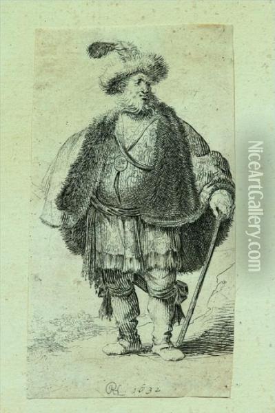 Uomo Con Copricapo Di Pelliccia E Bastone Oil Painting - Rembrandt Van Rijn