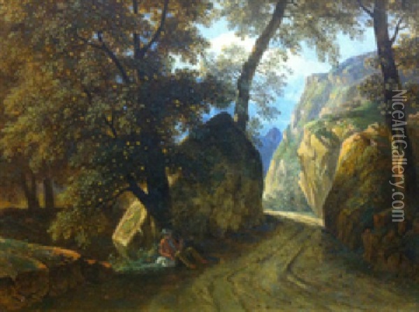 Paysan Adosse A Un Arbre Au Bord D'un Chemin Forestier Oil Painting - Rodolphe Toepffer