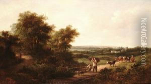 Figures And Cattle In An Extensive Landscape; A Herdsman And Cattle Oil Painting - James Edwin Meadows