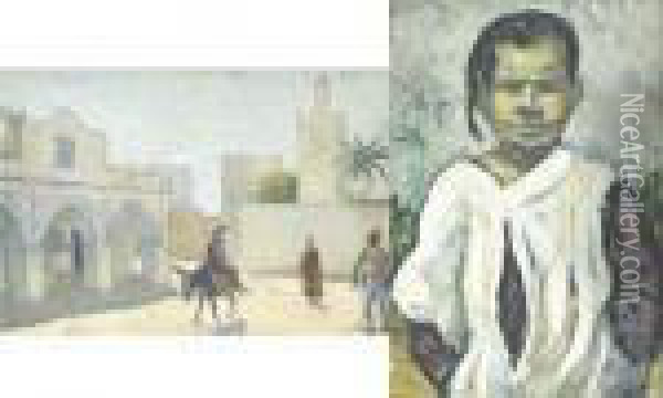Tableau Double Face Representant
 Sur Un Cote : Une Ruelle De Medina Et Sur L'autre : Une Enfant Devant 
Une Palmeraie Oil Painting - Matteo Brondy