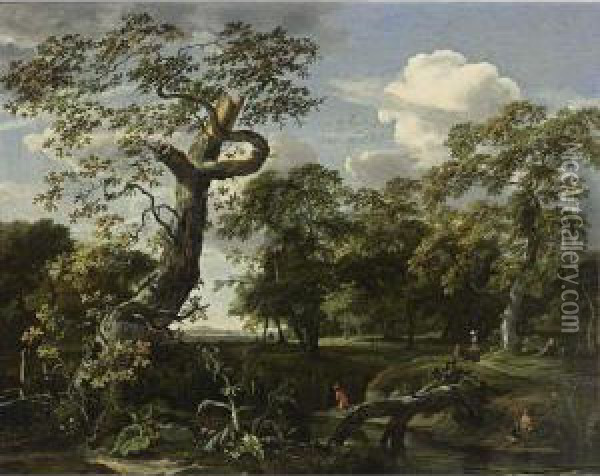 A Wooded River Landscape With Fishermen, A Hunter And Travellers Oil Painting - Jan van Kessel