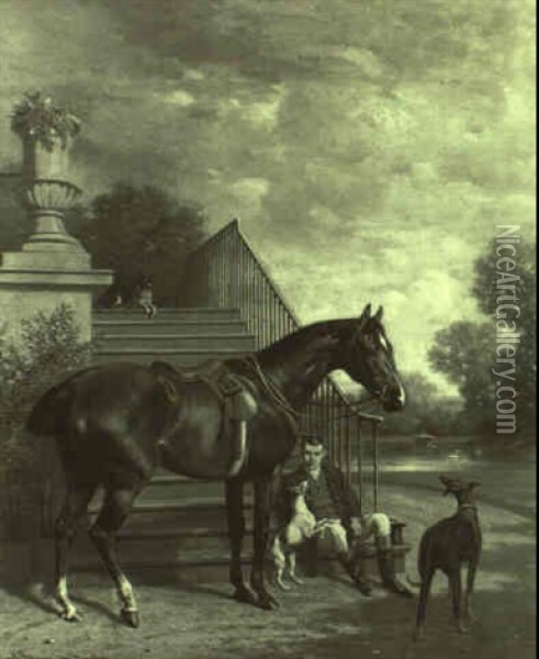 Pferd Vor Einer Schlostreppe Im Park Oil Painting - Emil Adam