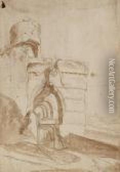Recto:italianate Landscape With A Ruined Aqueduct Oil Painting - Bartholomeus Breenbergh