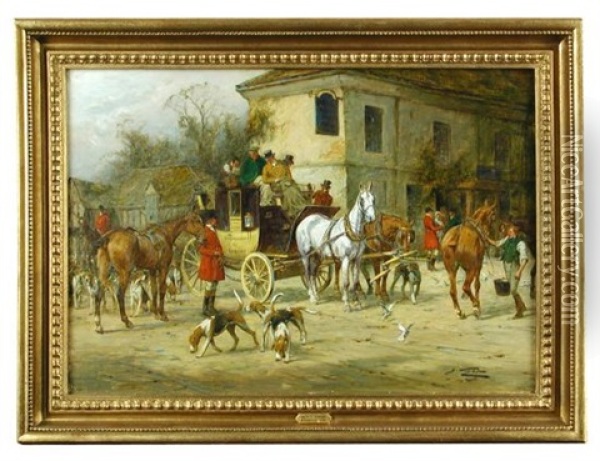 Hounds Meeting Outside A Coaching Inn, With The Manchester To London Coach Changing Horses Outside Oil Painting - George Wright