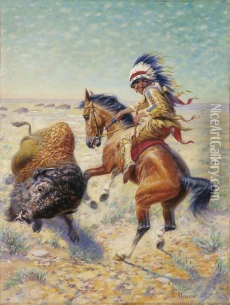 Chief Spotted Tail Shooting Buffalo Oil Painting - Louis Maurer