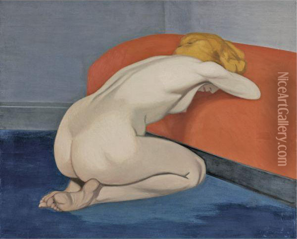 Femme Nue Agenouillee Devant Un Canape Rouge Oil Painting - Felix Edouard Vallotton