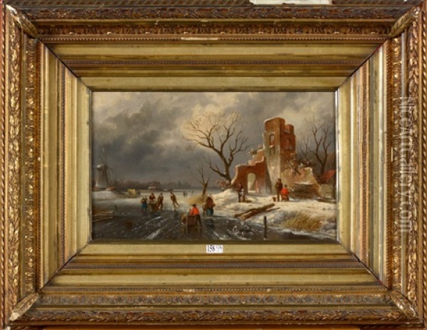 Paysage Hivernal Aux Patineurs Oil Painting - Henri Adolphe Schaep