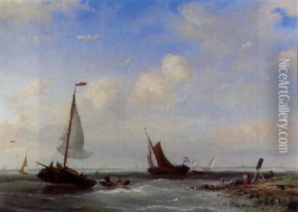 Dutch Sailing Vessels Off An Estuary Oil Painting - Nicolaas Riegen