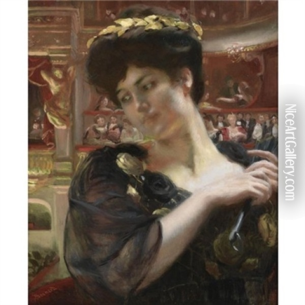 The Comedie Francaise (possibly A Portrait Of The Actress Rejane) Oil Painting - Albert Besnard