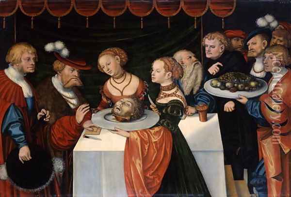 Salome presents the head of John the Baptist at Herod's Feast, 1537 Oil Painting - Lucas The Younger Cranach